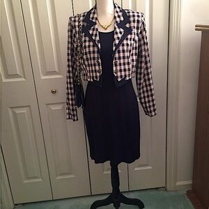 Petite Sophisticate Vintage Navy Blue Dress with Plaid Cropped Jacket 6P